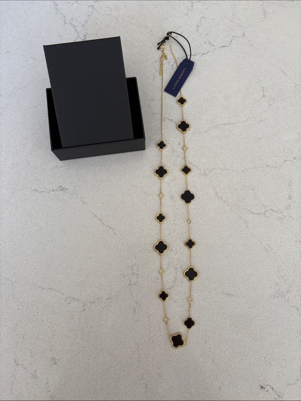 Lauren Scott New Gold Black Clover-Style Necklace in box